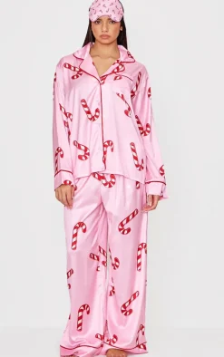 Pink Candy Cane Print Satin Long PJ Set