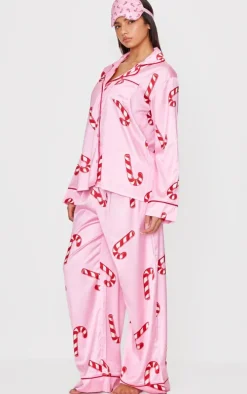 Pink Candy Cane Print Satin Long PJ Set