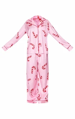 Pink Candy Cane Print Satin Long PJ Set