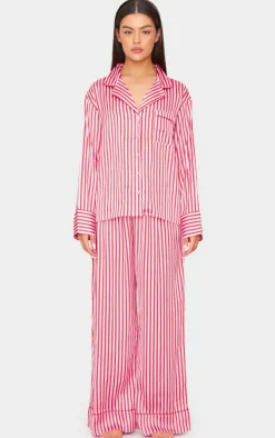 Pink Candy Stripe Satin Long Pj Set