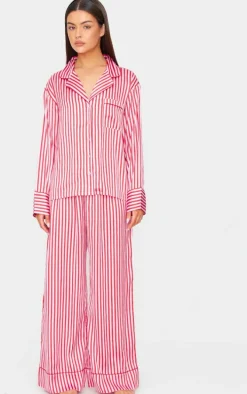 Pink Candy Stripe Satin Long Pj Set