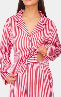 Pink Candy Stripe Satin Long Pj Set
