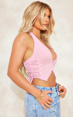Pink Cargo Lace Up Side Zip Up Crop Top