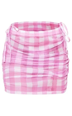 Pink Checkerboard Ruched Mesh Beach Skirt