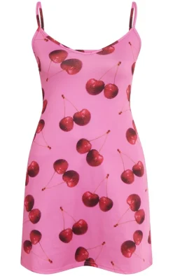 Pink Cherry Print Strappy Shift Dress