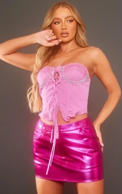 Pink Chiffon Boned Diamante Trim Lace Up Bandeau Crop Top