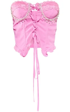 Pink Chiffon Boned Diamante Trim Lace Up Bandeau Crop Top
