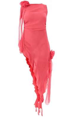 Pink Chiffon Rosette Detail Frill Hem Midi Dress