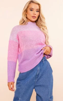 Pink Color Block Roll Neck Knitted Sweater