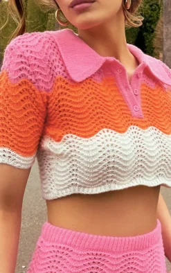 Pink Contrast Crochet Knit Cropped Top