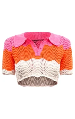 Pink Contrast Crochet Knit Cropped Top