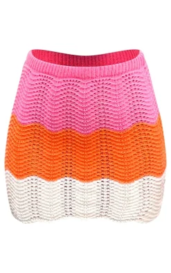 Pink Contrast Crochet Knit Mini Skirt