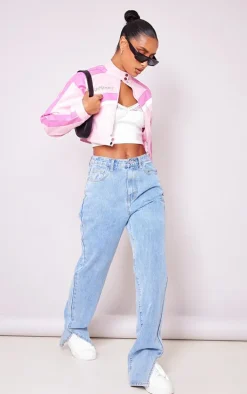 Pink Contrast Cropped Faux Leather Racer Jacket