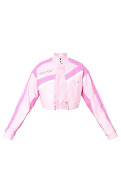 Pink Contrast Cropped Faux Leather Racer Jacket