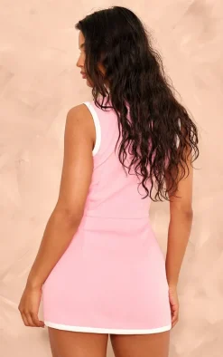 Pink Contrast Detailed Pearl Button Woven Romper