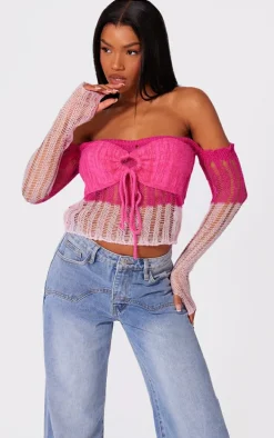 Pink Contrast Eyelash Knit Top With Sleeves