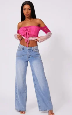 Pink Contrast Eyelash Knit Top With Sleeves