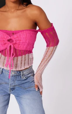 Pink Contrast Eyelash Knit Top With Sleeves