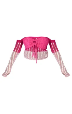 Pink Contrast Eyelash Knit Top With Sleeves