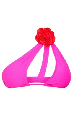 Pink Contrast Flower Detail Triangle Bikini Top