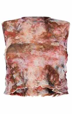 Pink Crinkle Mesh Racer Printed Crop Top