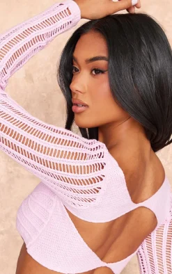Pink Crochet Knit Cut Out Contrast Sleeve Crop Top