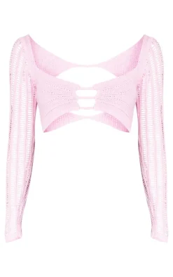 Pink Crochet Knit Cut Out Contrast Sleeve Crop Top