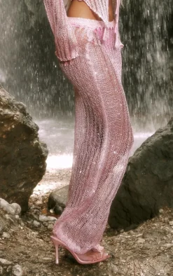 Pink Crochet Sequin Knit Low Rise Maxi Skirt