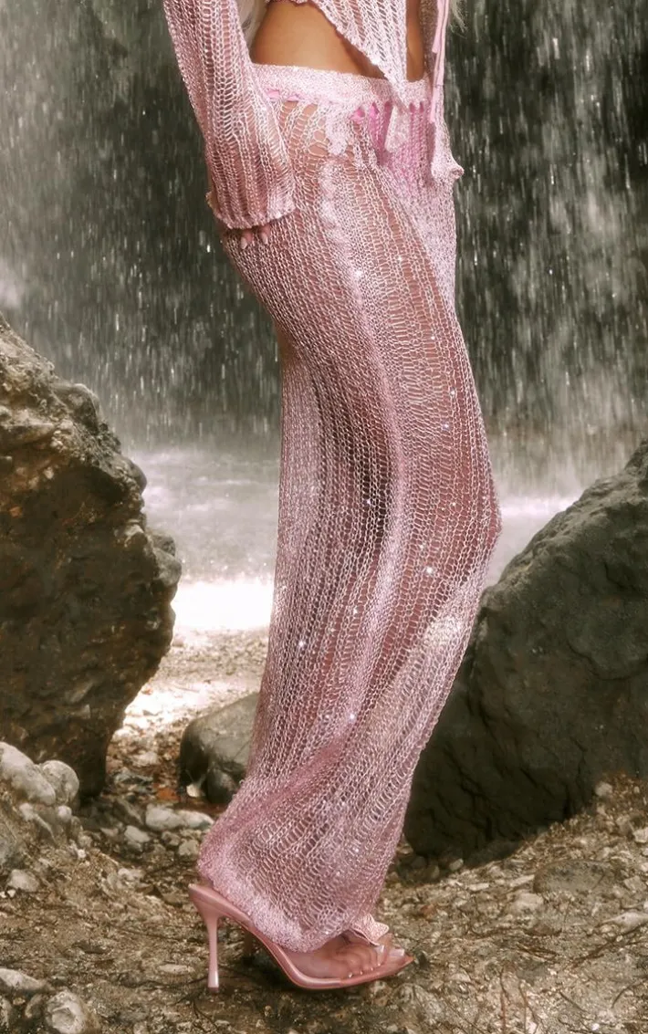 Pink Crochet Sequin Knit Low Rise Maxi Skirt