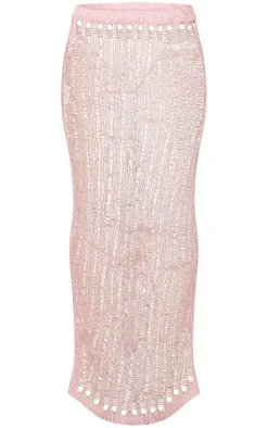 Pink Crochet Sequin Knit Low Rise Maxi Skirt