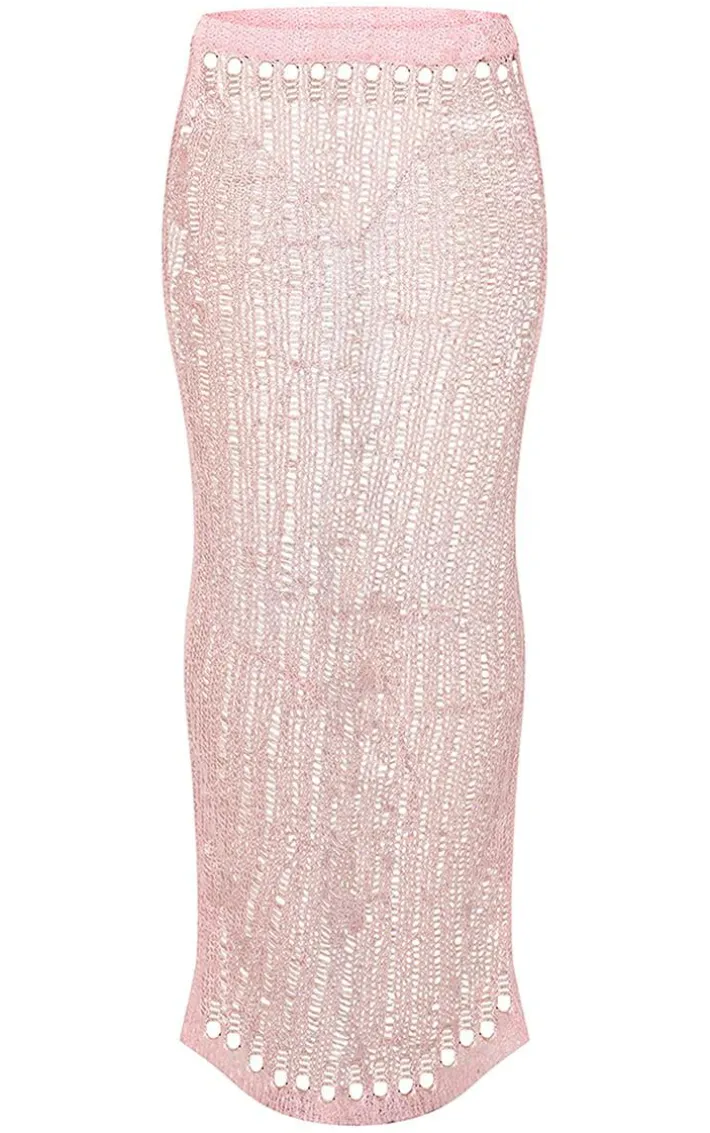 Pink Crochet Sequin Knit Low Rise Maxi Skirt
