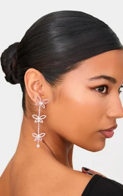 Pink Diamante Butterfly Statement Drop Earrings