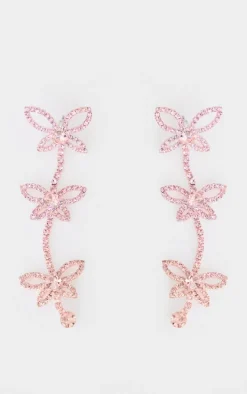 Pink Diamante Butterfly Statement Drop Earrings