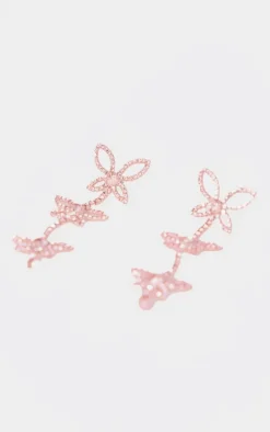 Pink Diamante Butterfly Statement Drop Earrings