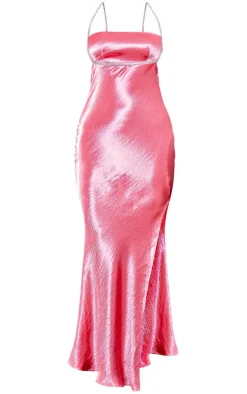 Pink Diamante Strap Halterneck Satin Maxi Dress