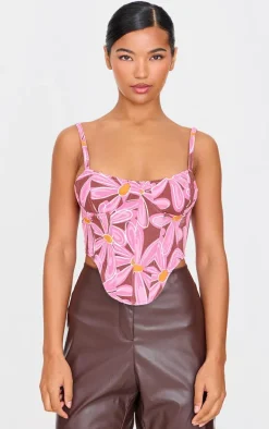 Pink Dipped Hem Flower Print Denim Corset