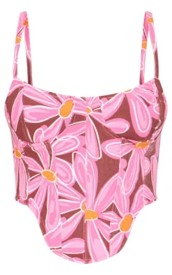 Pink Dipped Hem Flower Print Denim Corset