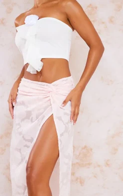Pink Distressed Floral Twist Detail Maxi Skirt