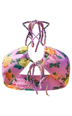 Pink Ditsy Floral Textured Cross Front Bikini Top