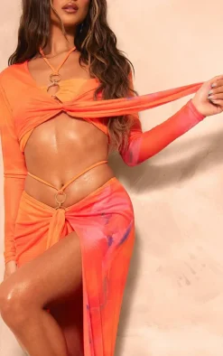 Pink Double Layer Abstract Print Mesh Tie Front Crop Top