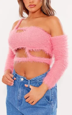 Pink Eyelash Knit Cut Out Long Sleeve Top