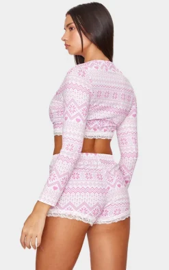 Pink Fairisle Print Lace Trim Short PJ Set