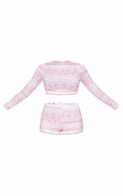 Pink Fairisle Print Lace Trim Short PJ Set