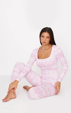 Pink Fairisle Print Long Sleeve Pajama Onesie