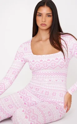 Pink Fairisle Print Long Sleeve Pajama Onesie