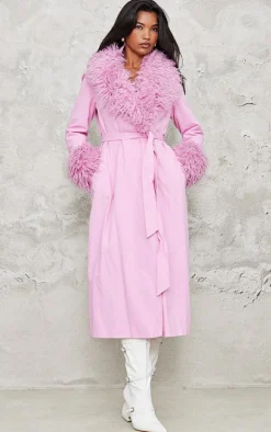 Pink Faux Fur Contrast Collar Self Tie Maxi Coat