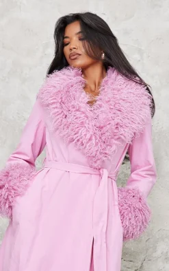 Pink Faux Fur Contrast Collar Self Tie Maxi Coat