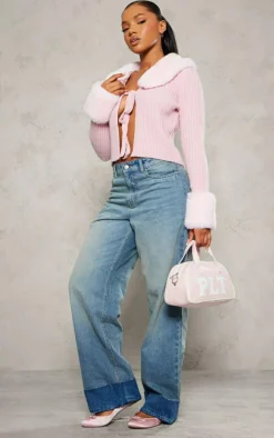 Pink Faux Fur Trim Detail Tie Front Top