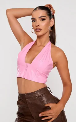 Pink Faux Leather Hook & Eye Plunged Crop Top