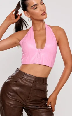 Pink Faux Leather Hook & Eye Plunged Crop Top
